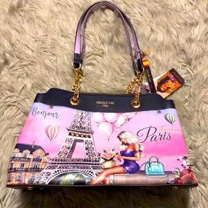 Nicole Lee USA~purse Paris love me or hate me~ pink dark blue Eiffel Tower~NWT